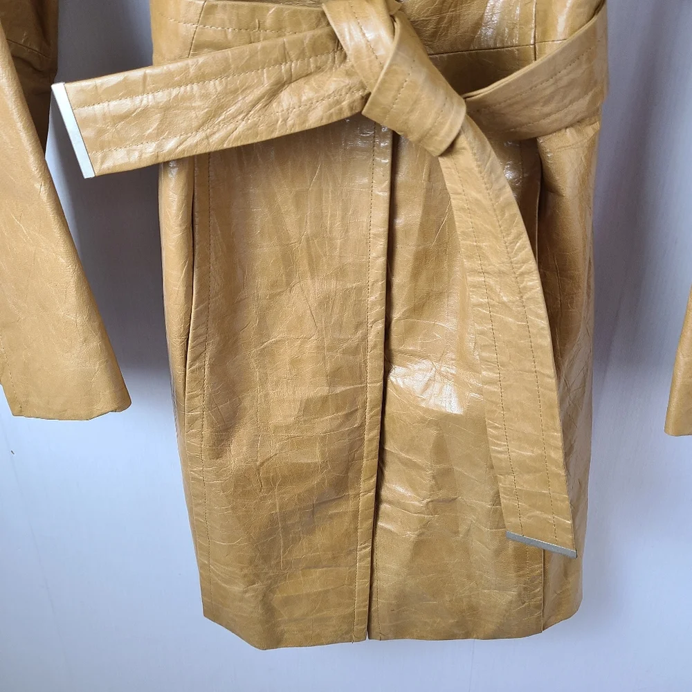 Express Y2K Tan Genuine Leather Vintage Belted Trench Coat - Picture 6 of 11